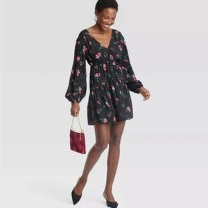 A New Day Floral Black Mini Dress with Ballon Sleeves
